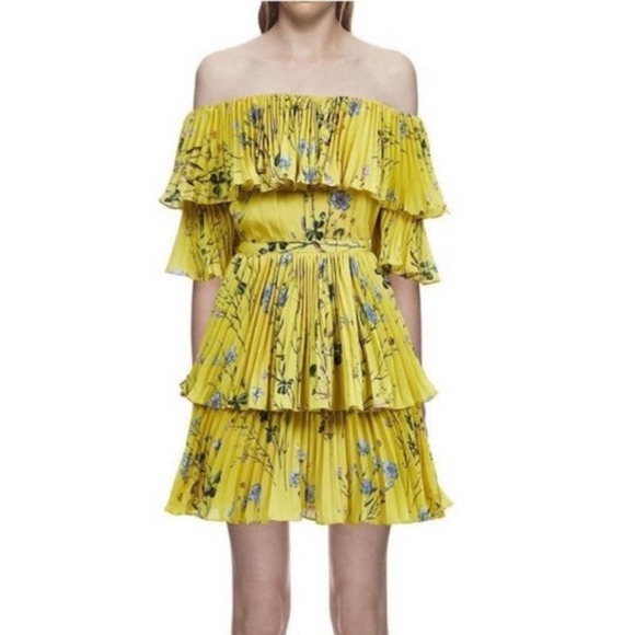 Self-Portrait Ruffled Tiered Dress Floral Yellow Mini Dress Size 2 - Picture 1 of 9